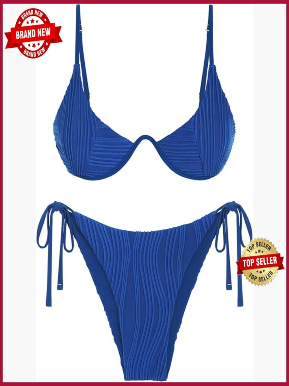 Underwire Side Tie Thong Bikini Set Ribbed Adjustable Back Clasp